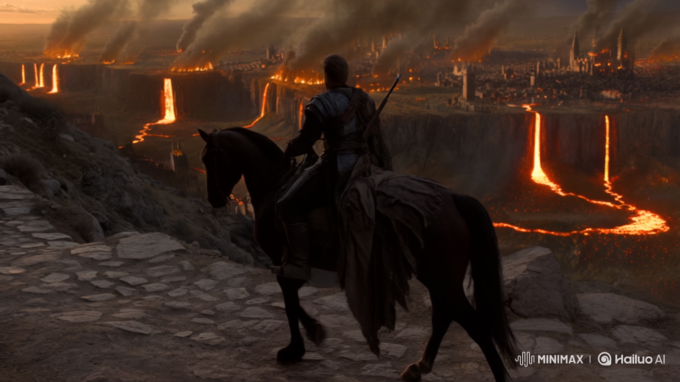Lone Warrior Descends Through Burning Kingdom