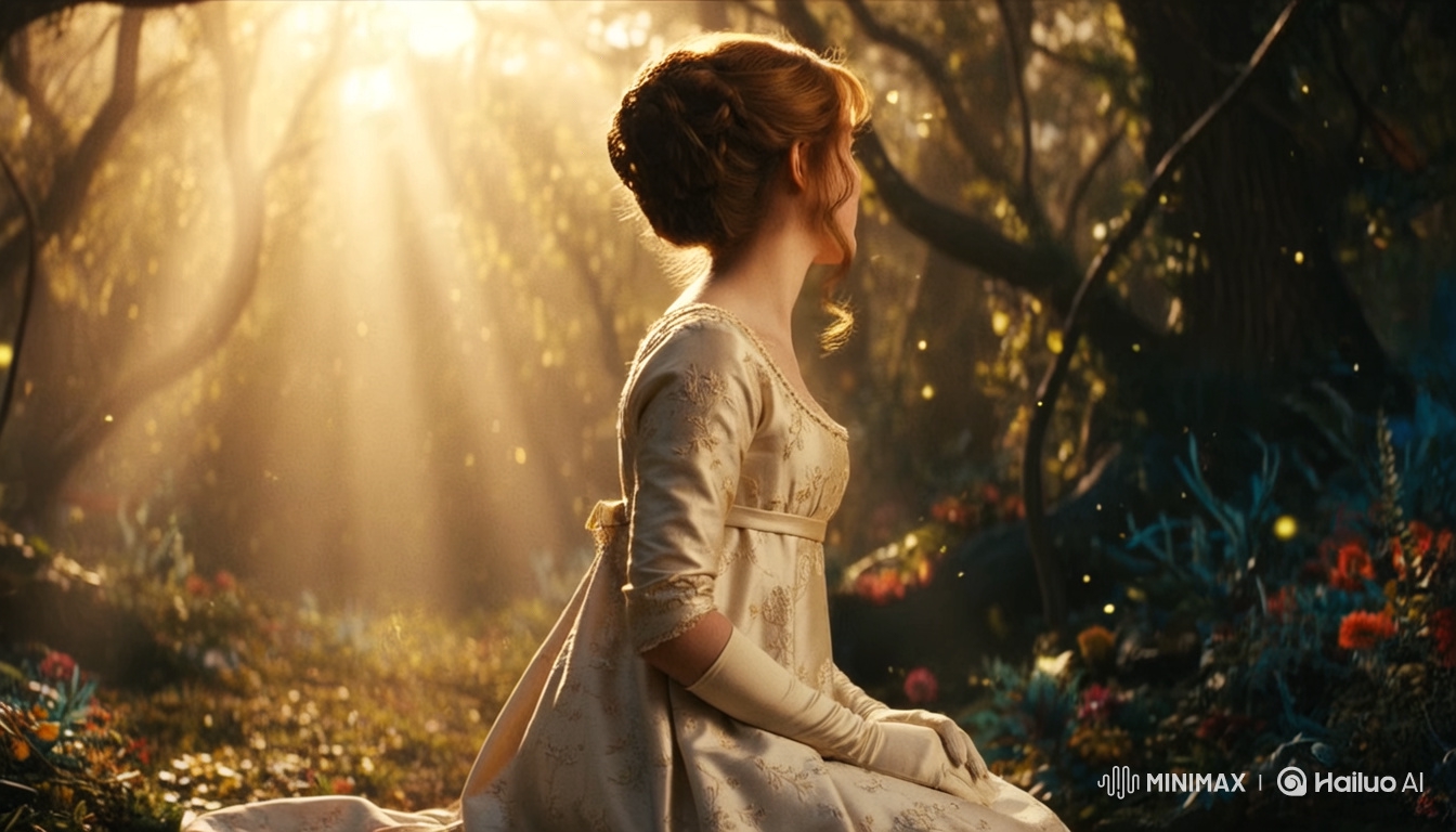 Young Woman in Cream Gown Amidst Enchanted Forest