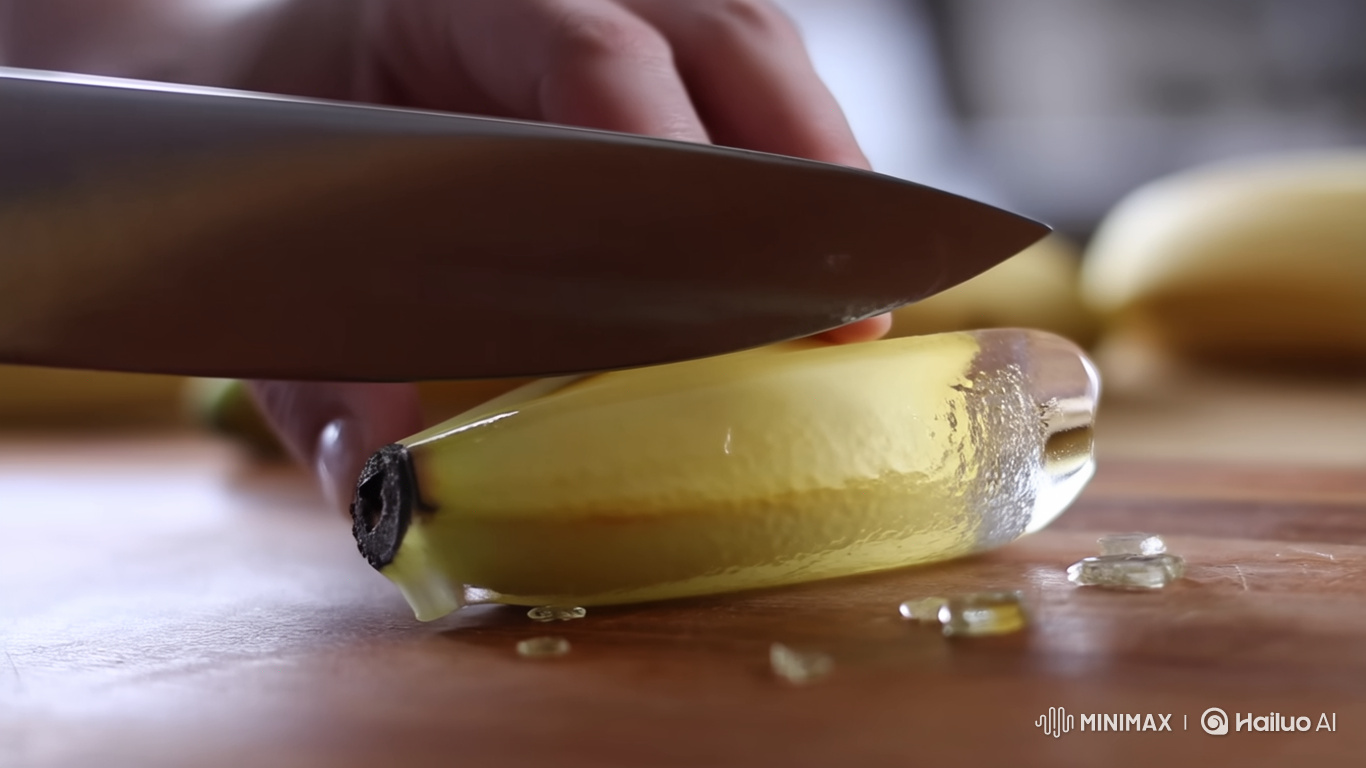 Slow-Motion Slicing of a Glass Banana on Wood