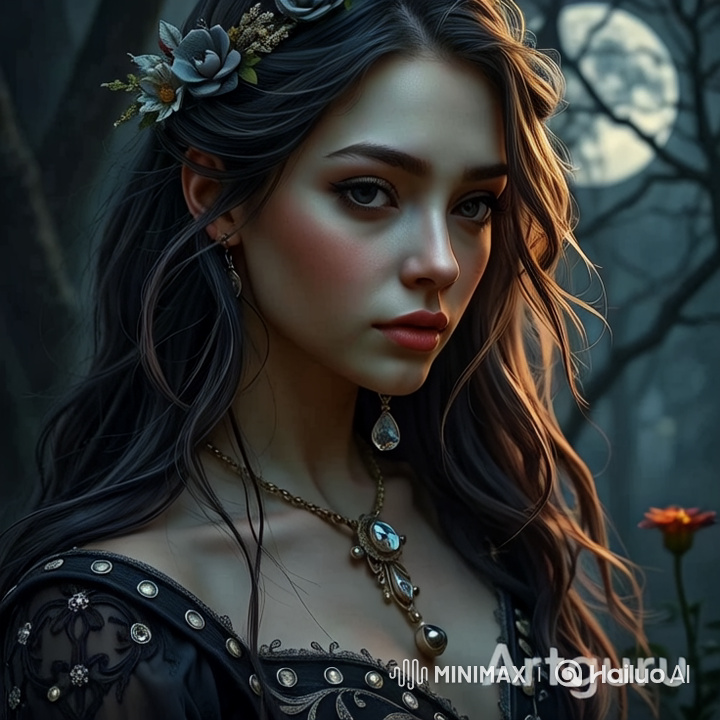 Enchanted Woman in Ornate Gown Walks Through Moonlit Forest