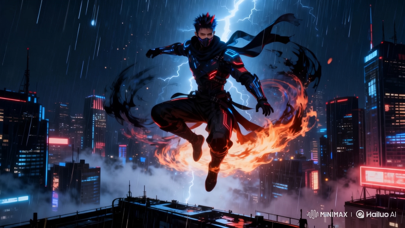 Ninja Conjures Clone Army in Futuristic Cityscape