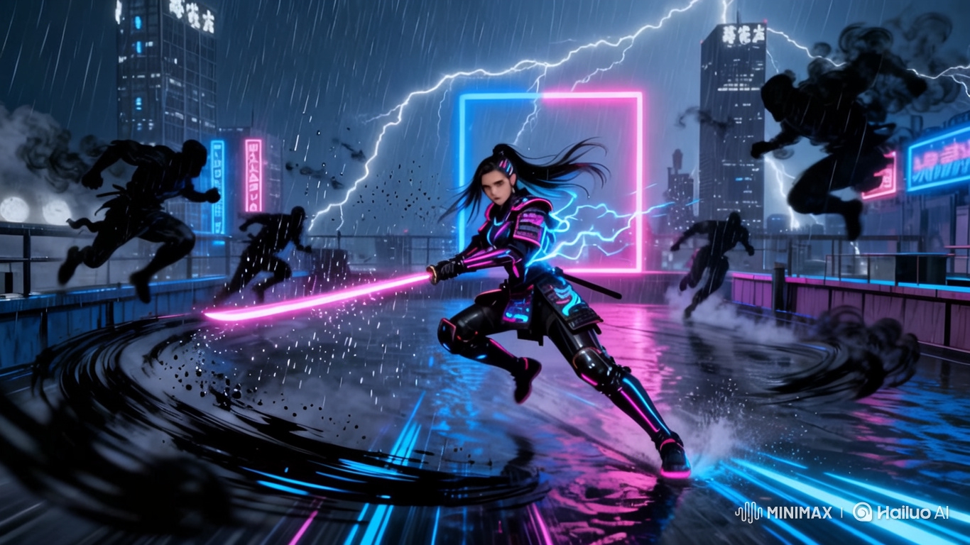 Female Samurai Battles Ninja in Dynamic Cyberpunk Sequence