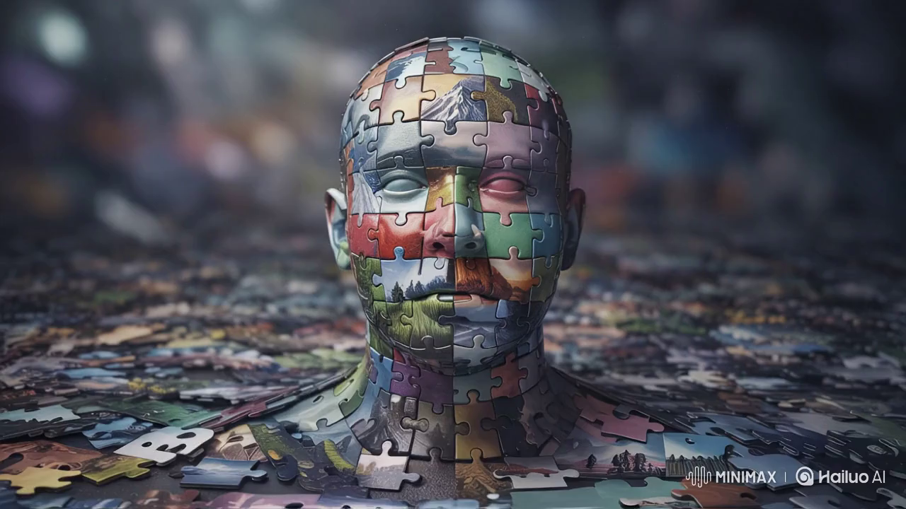 Surreal Puzzle Face: Cinematic Reflections and Morphing Textures