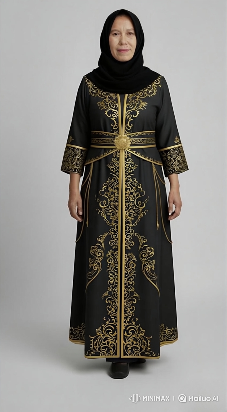 Elegant Woman Struts on Runway in Embroidered Dress