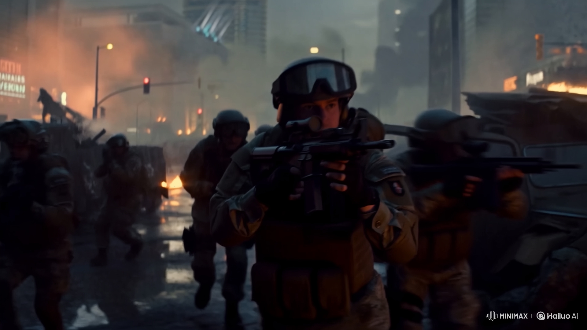 Modern Squad Engages in Night Combat in Ruined City