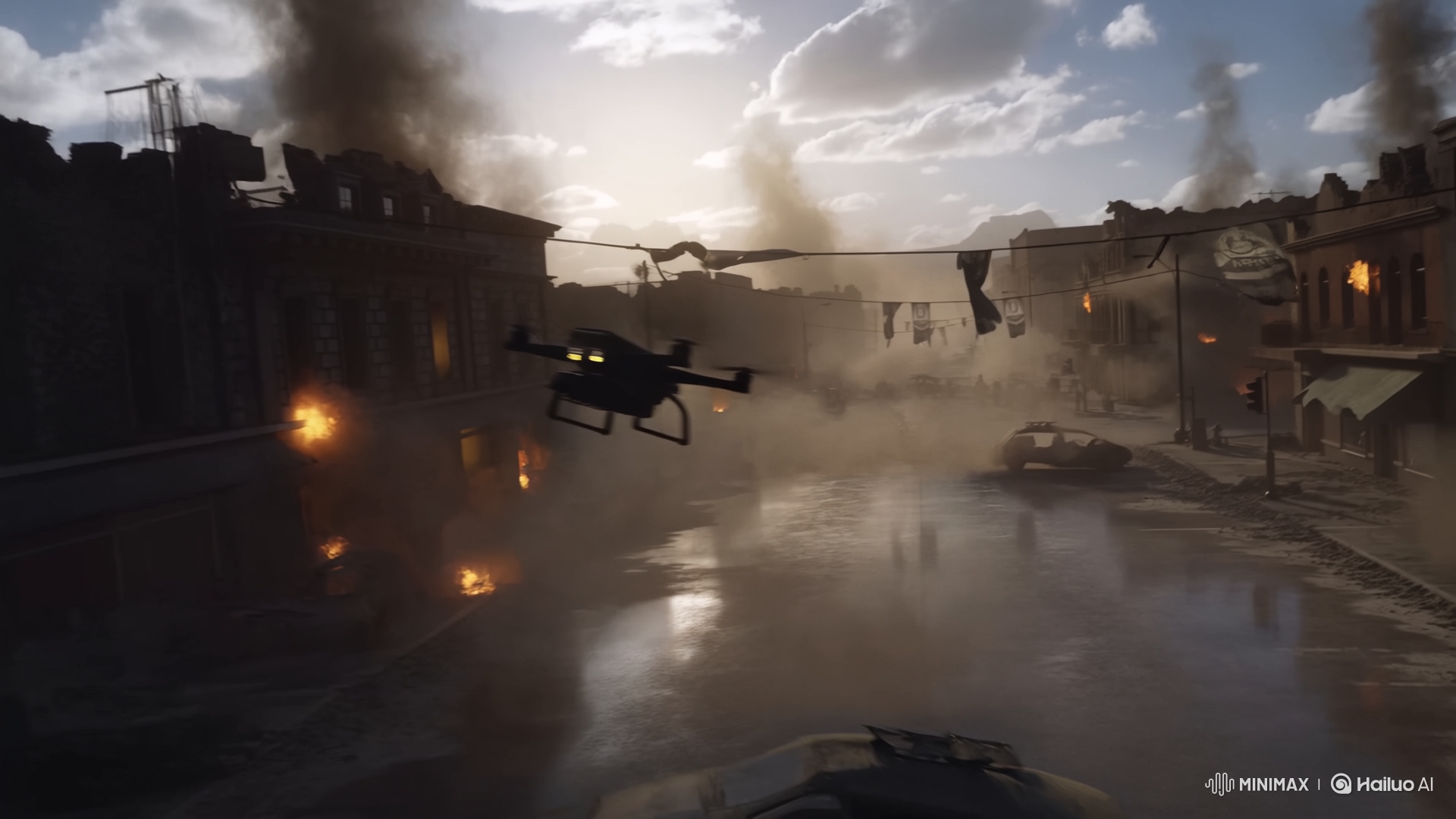 Drone's Cinematic Flight Through War-Torn Cityscape