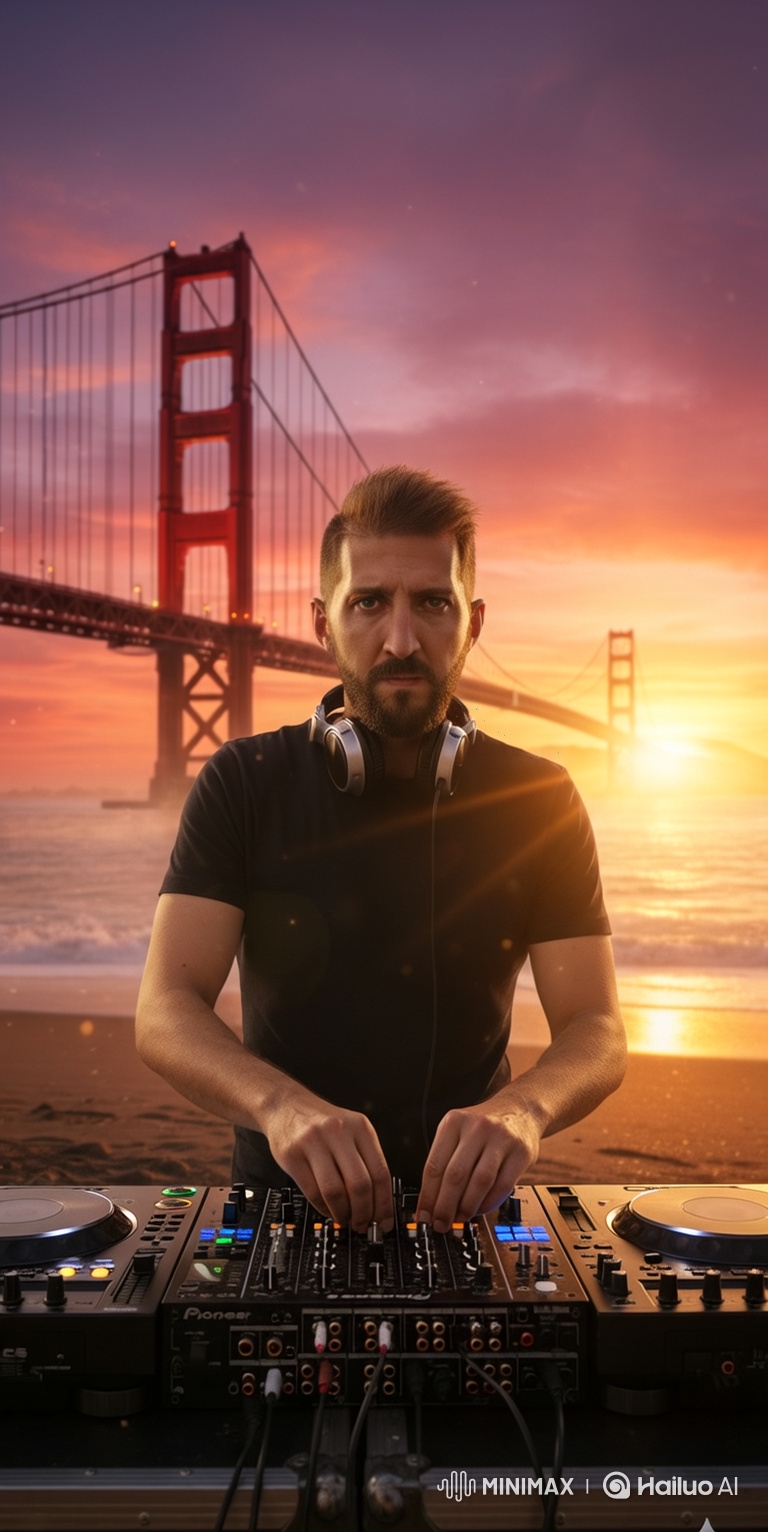 DJ Performance on Golden Gate Shore at Sunset