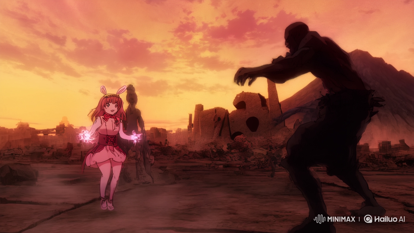 Pink-haired Bunny Girl Fights Bio-Ninja in Wasteland at Sunset