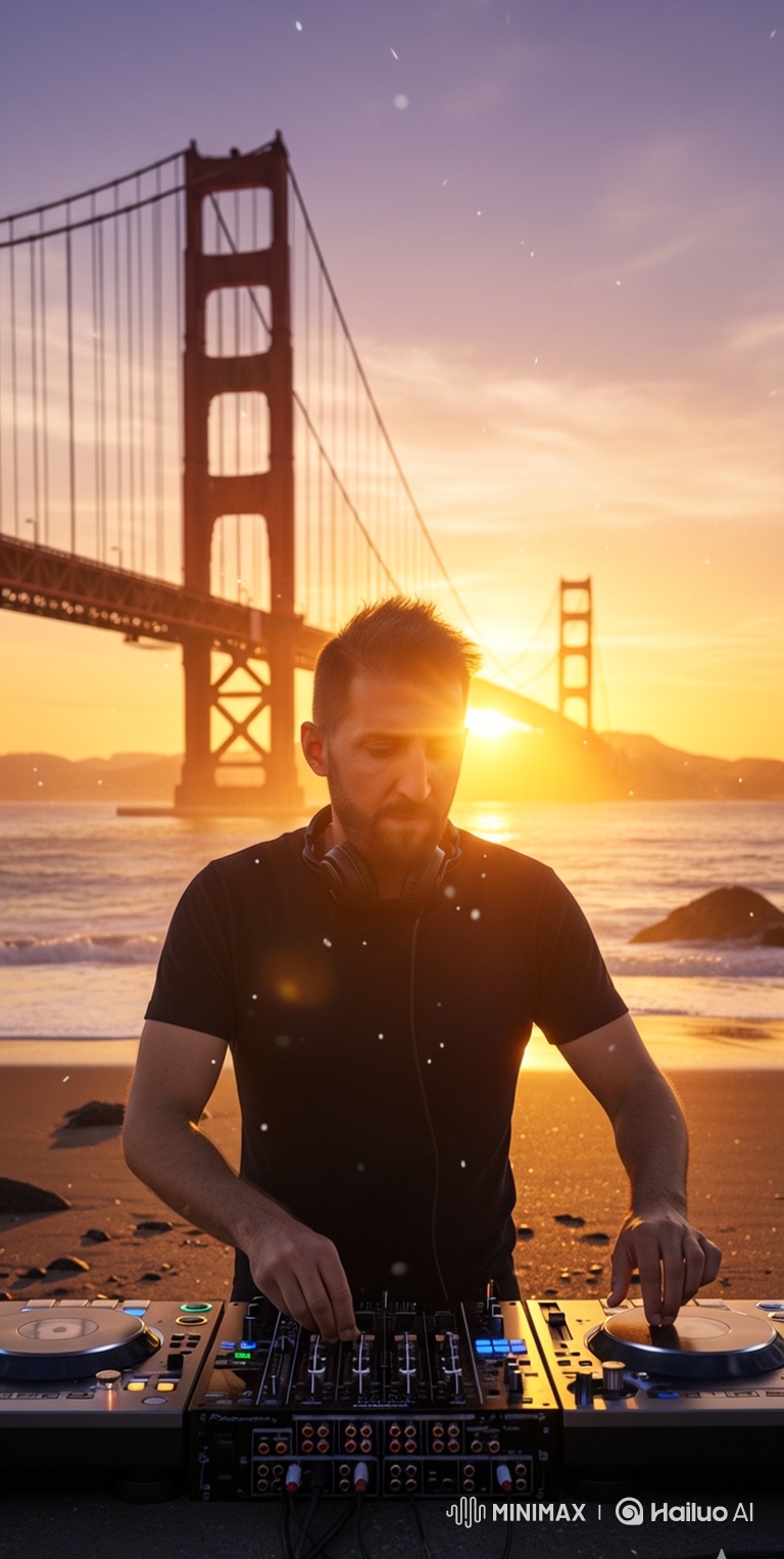 DJ Performance with Sunset at Golden Gate Bridge
