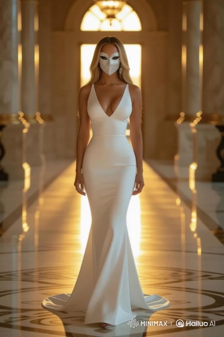Elegant Woman in White Gown in Grand Hall with Rose Petals
