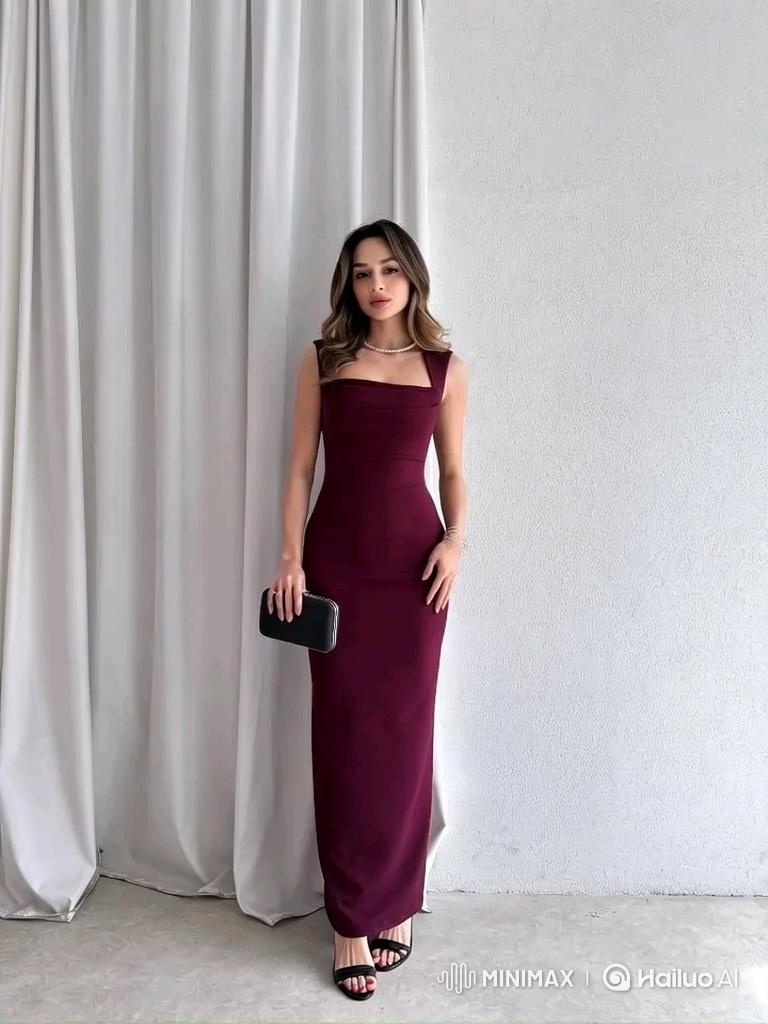 Elegant Woman in Maroon Gown: A Tracking Shot Study