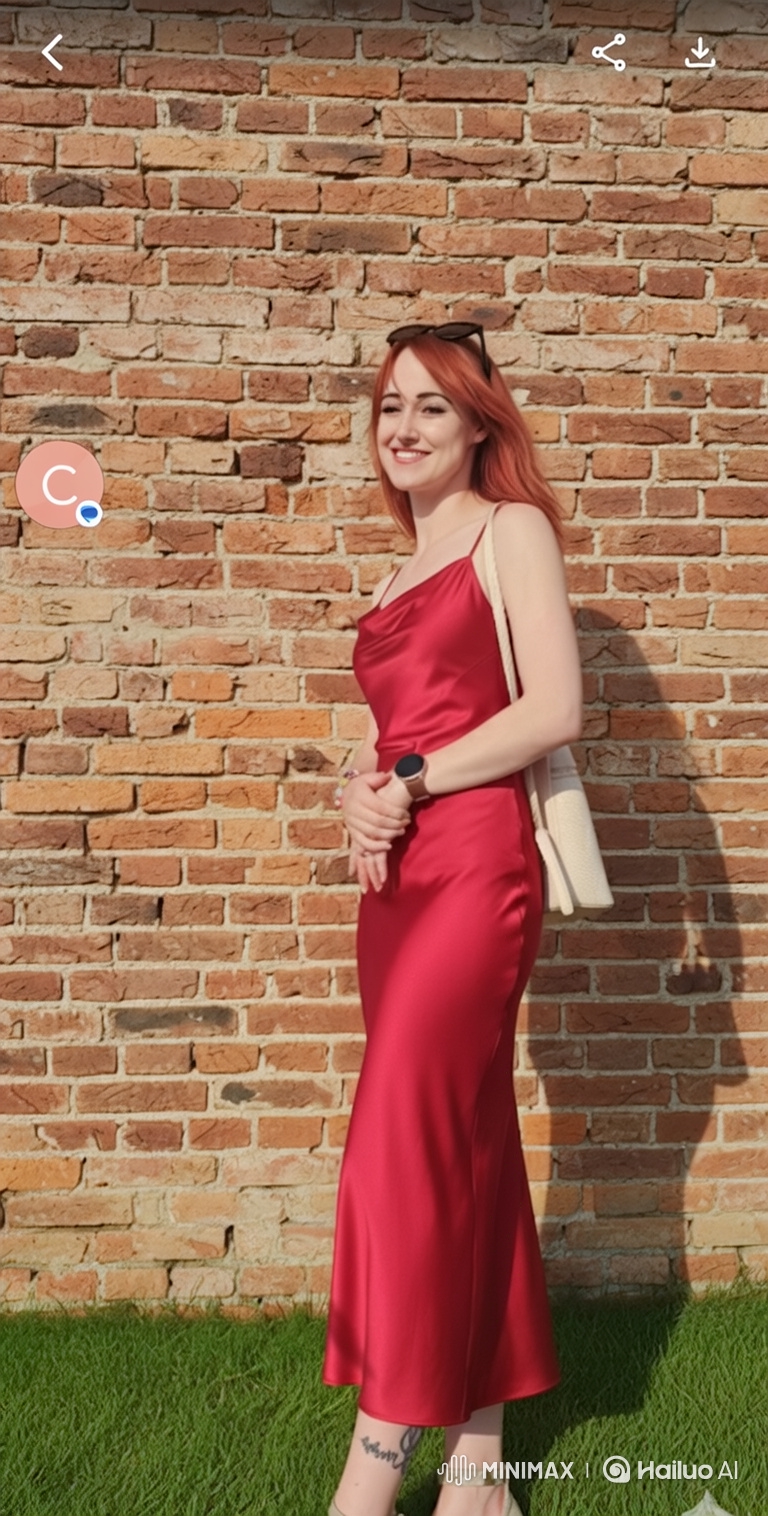 Young Woman in Red Dress Smiles in Sunlit Outdoor Setting
