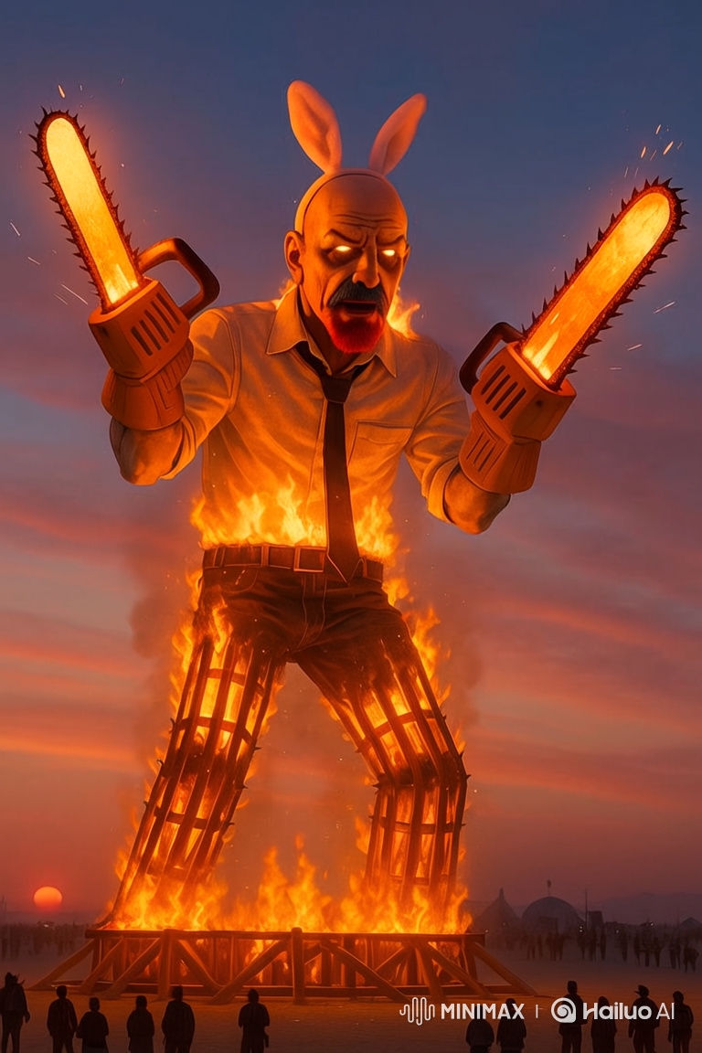 Cinematic Sunset Sequence with Flaming Effigy and Spark Show