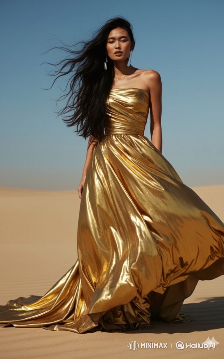 Desert Walk: Woman in Shimmering Gown Transforms Fashion