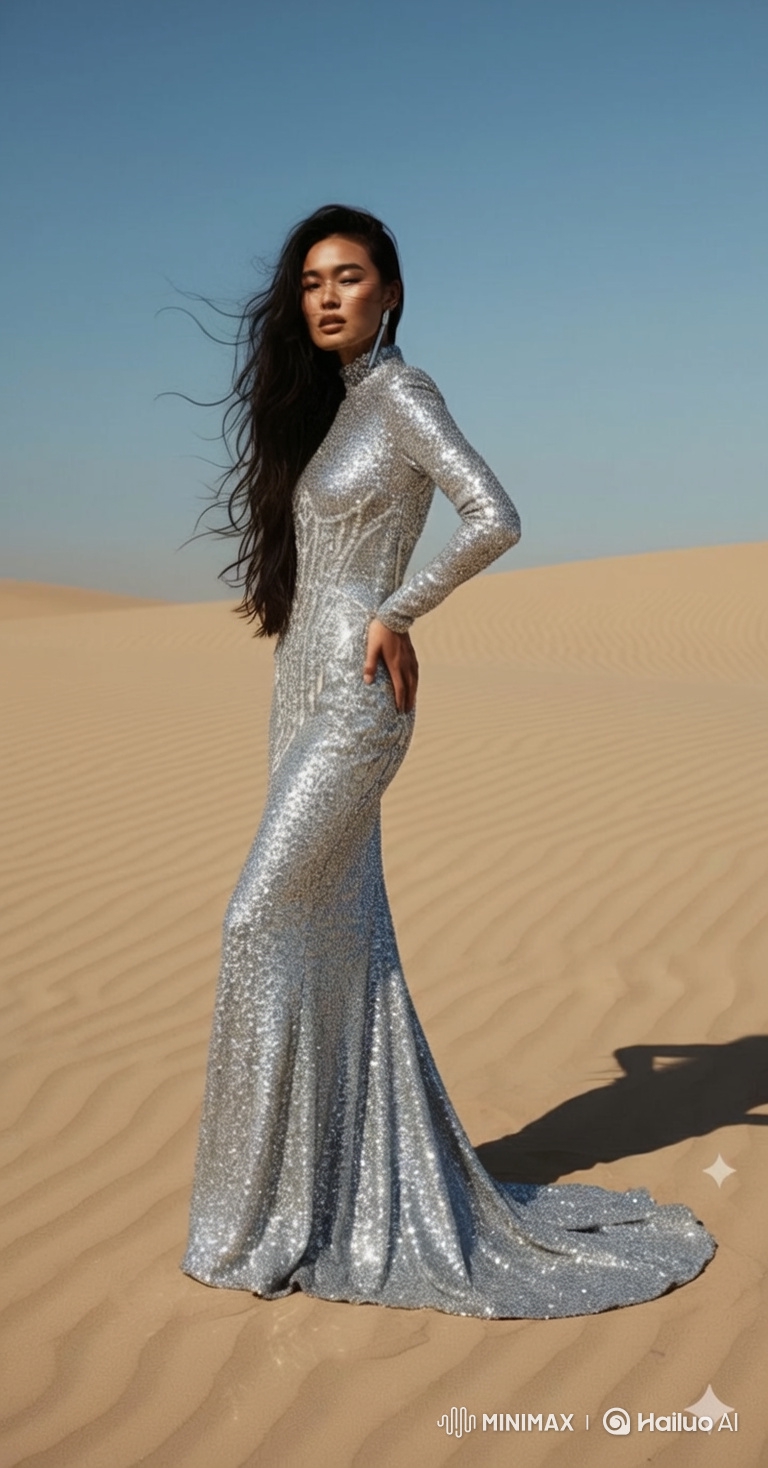 Woman Transforms Dress in Desert Magic Scene