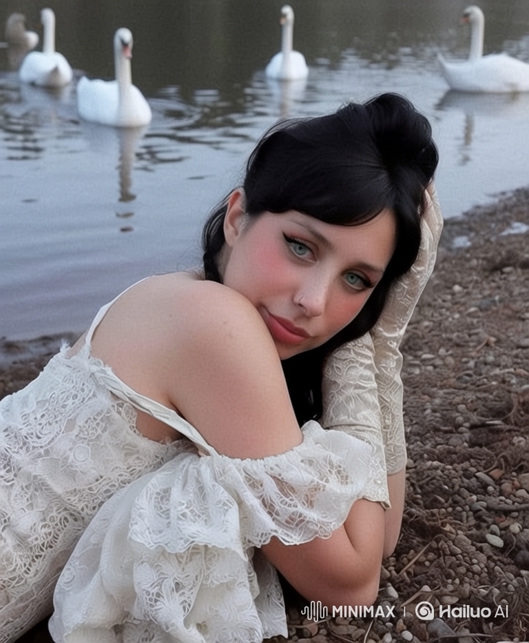Elegant Woman in Lace Gown on Lake Shore