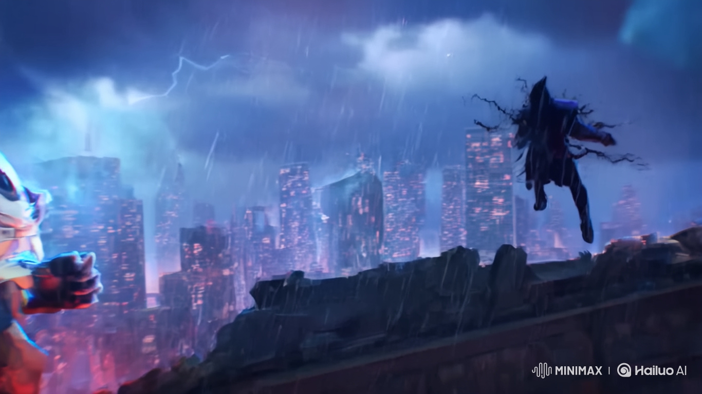 Hero Battles Shadow Villain Amidst Collapsing Skyscraper Storm