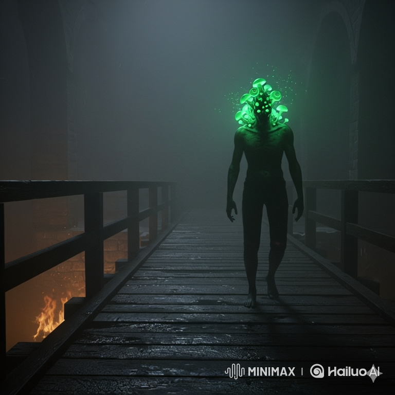Mysterious Figure on Bridge in Bioluminescent Fog