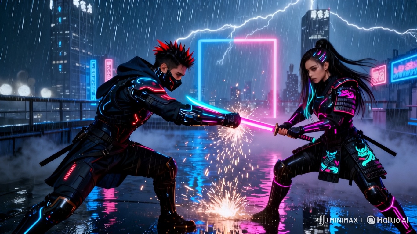 Futuristic Ninja vs Samurai Duel in Neon City