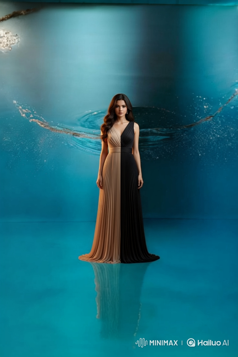 Elegant Woman in Two-Tone Gown with Dynamic Lighting