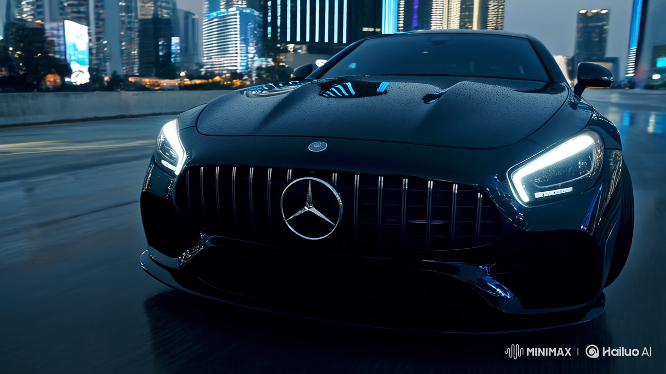 Sleek Sports Car Showcased in Wet City Night