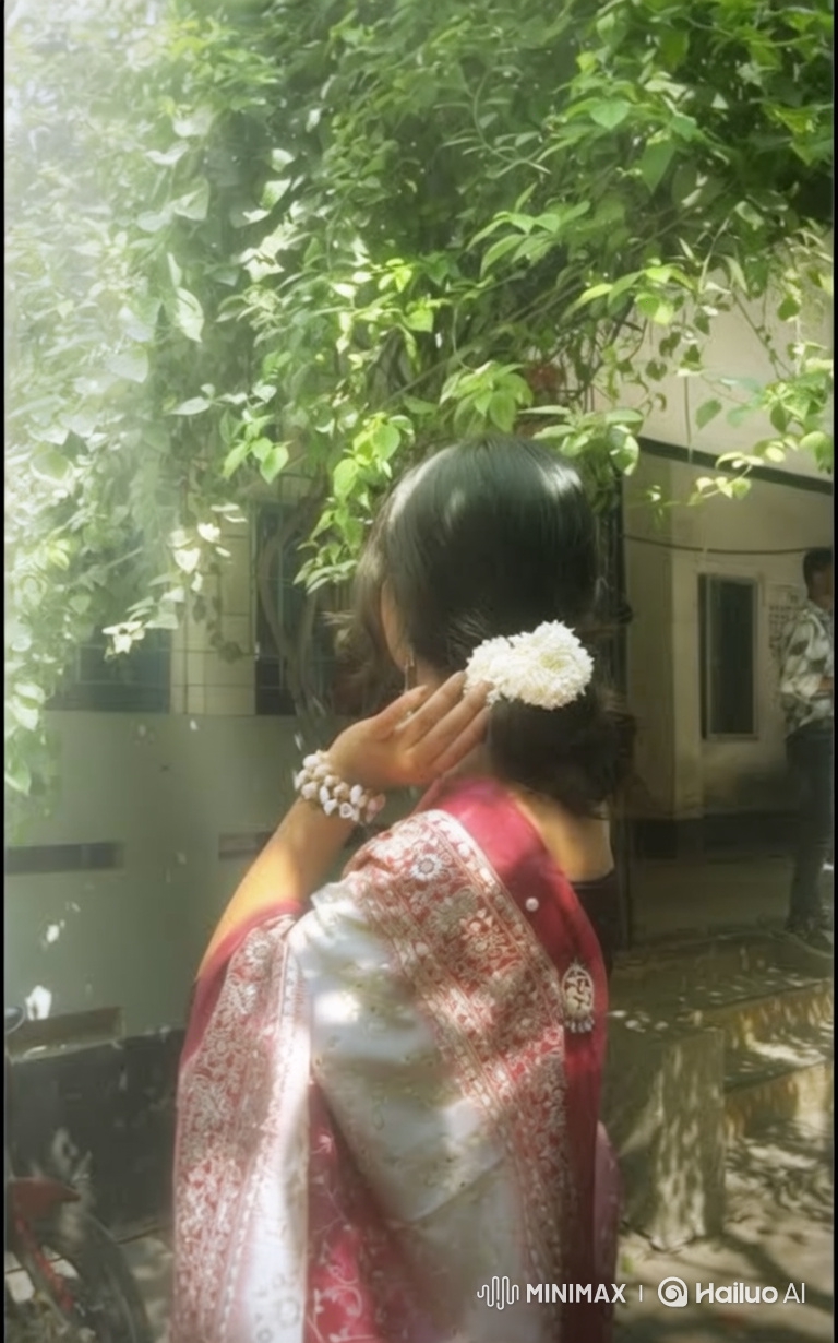 Elegant Woman in Traditional Dress Amidst Verdant Courtyard