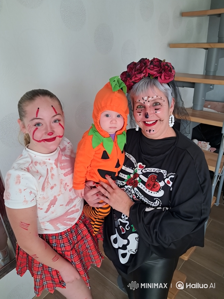 Halloween Family Portrait: Clown, Skeleton, and Pumpkin Baby