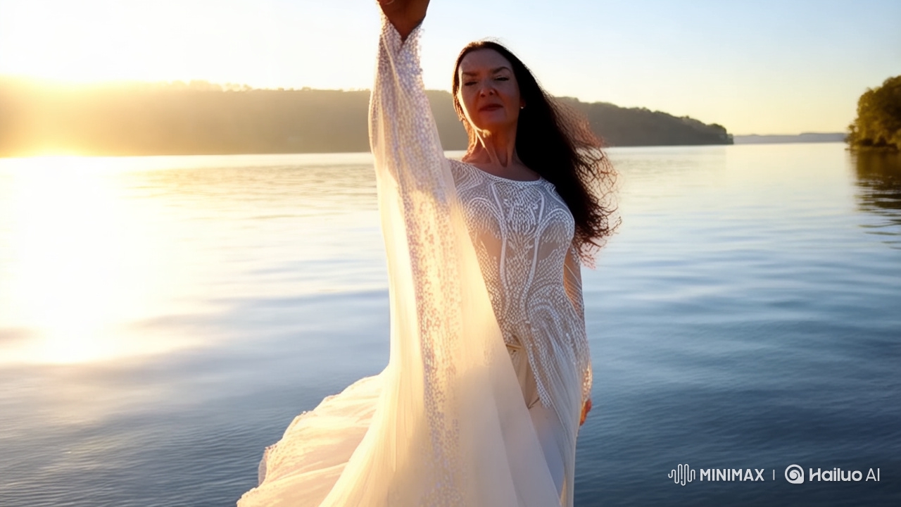 Dancing Woman in White Dress by Serene Lake