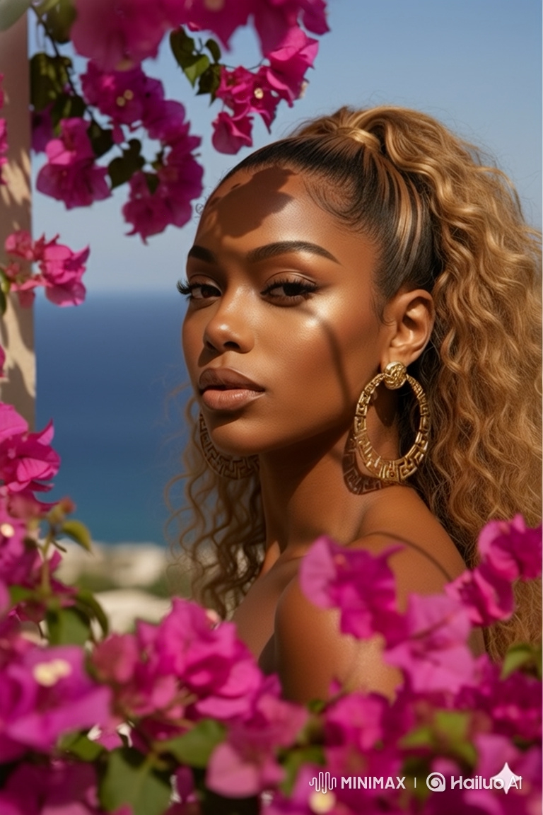 Radiant Woman in Sunlit Portrait with Bougainvillea and Sea