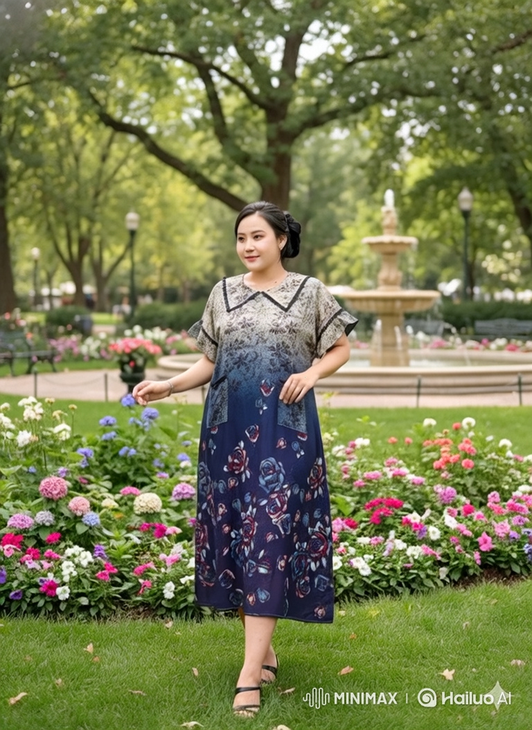 Woman in Floral Midi Dress Walks Gracefully in Park