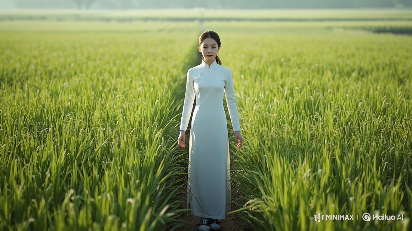 Young Woman in Traditional Dress Speaks Softly in Rice Field