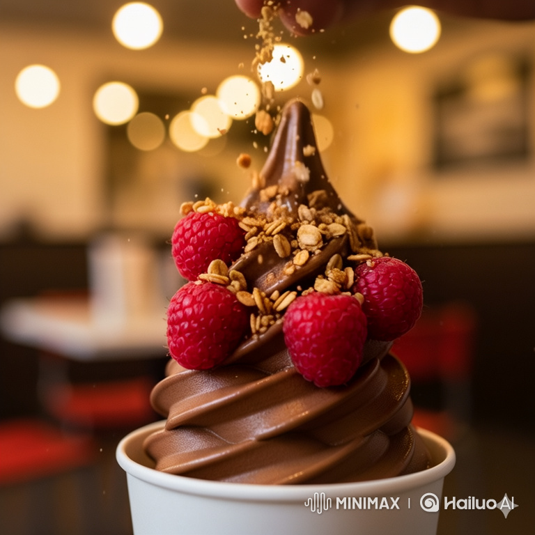 Chocolate Soft-Serve Adorned with Raspberries and Granola