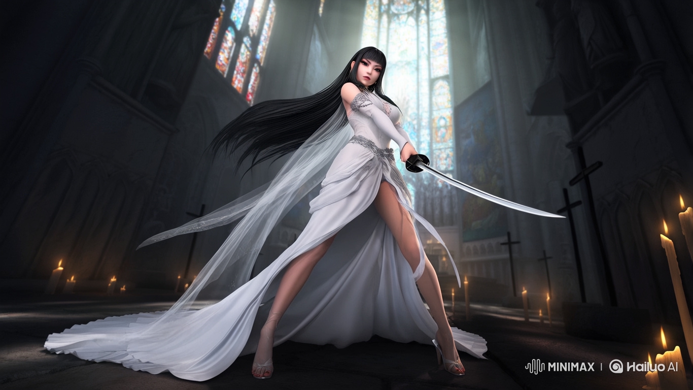 Female Warrior in Wedding Dress With Katana in Gothic Cathedral