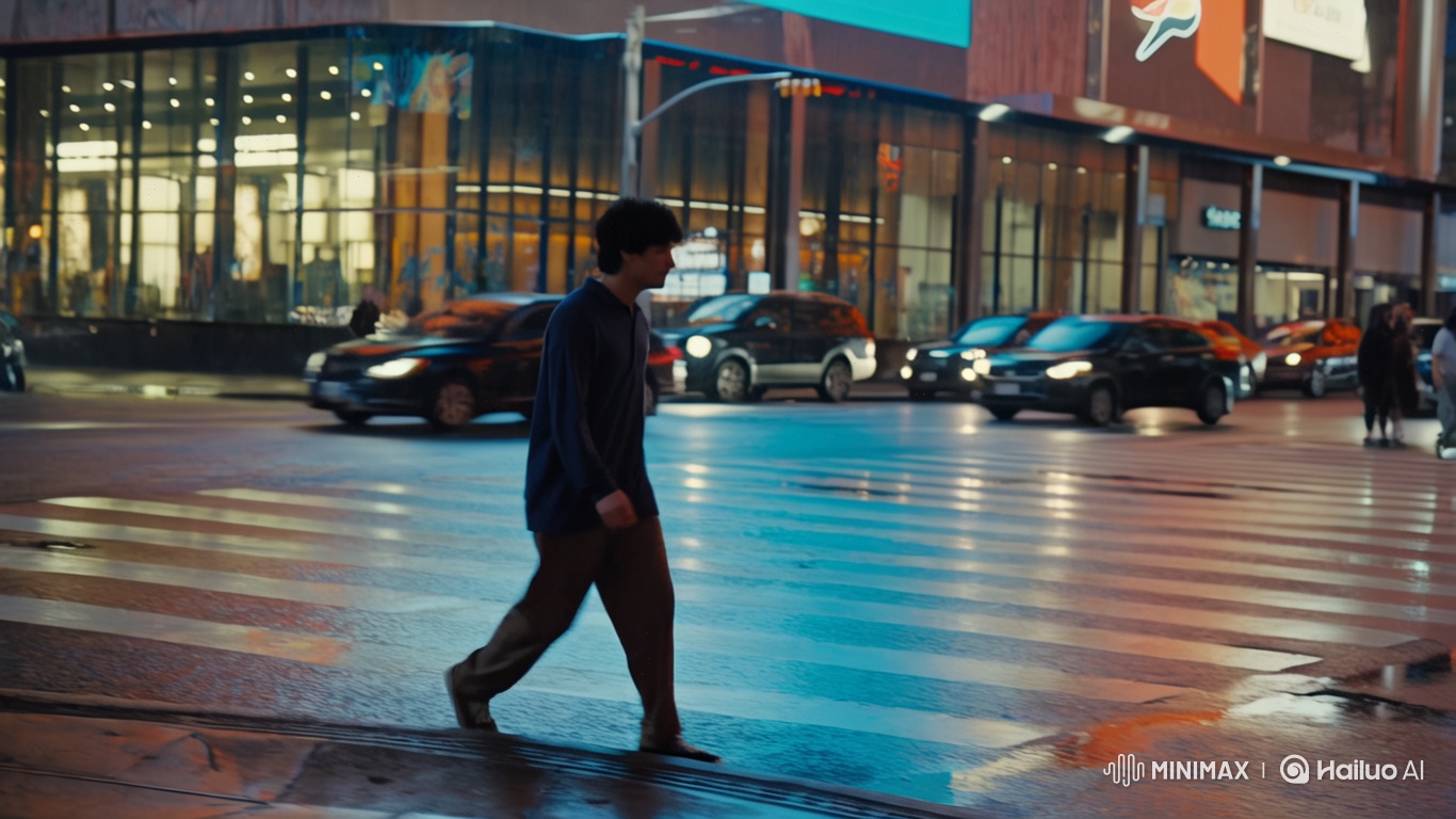 Young Man in Streetwear Walks Confidently in Slow Motion Across Wet City Crosswalk