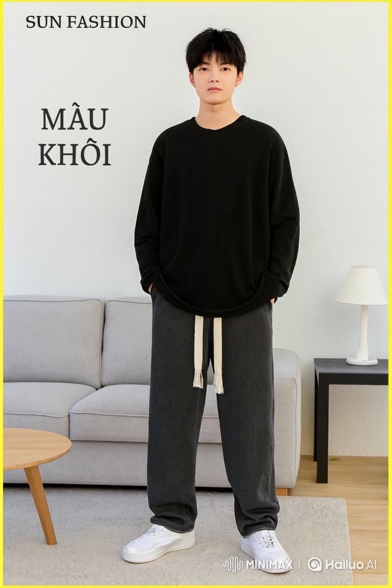 Fashion Model Showcases SUN FASHION Trousers in Minimalist Living Room
