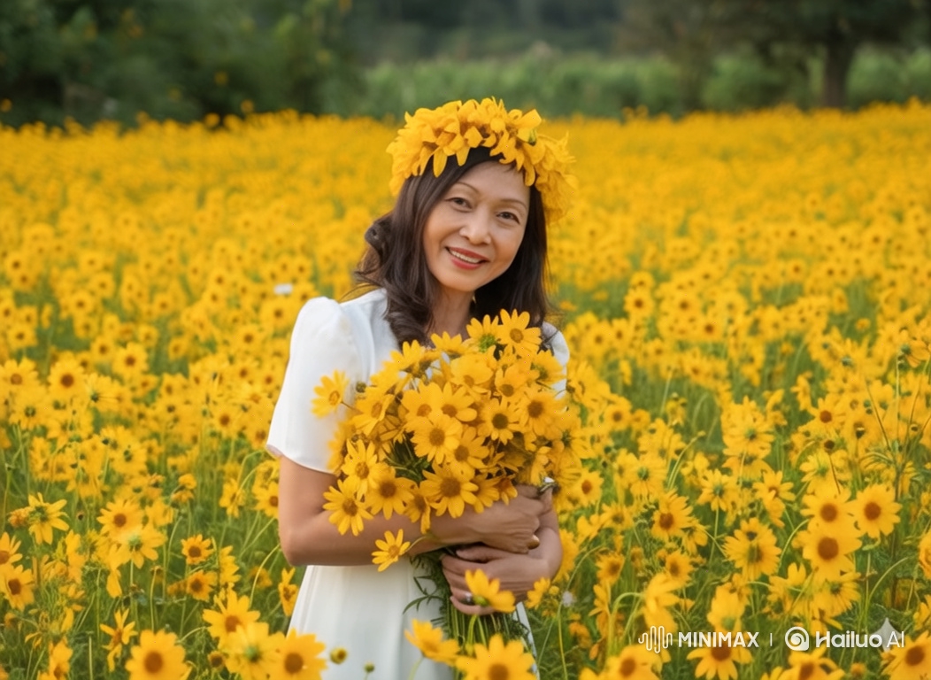 Woman in White Dress Twirls in Golden Flower Field
