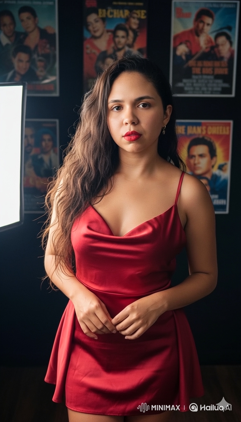 Young Woman in Red Dress Walks Gracefully Toward Camera