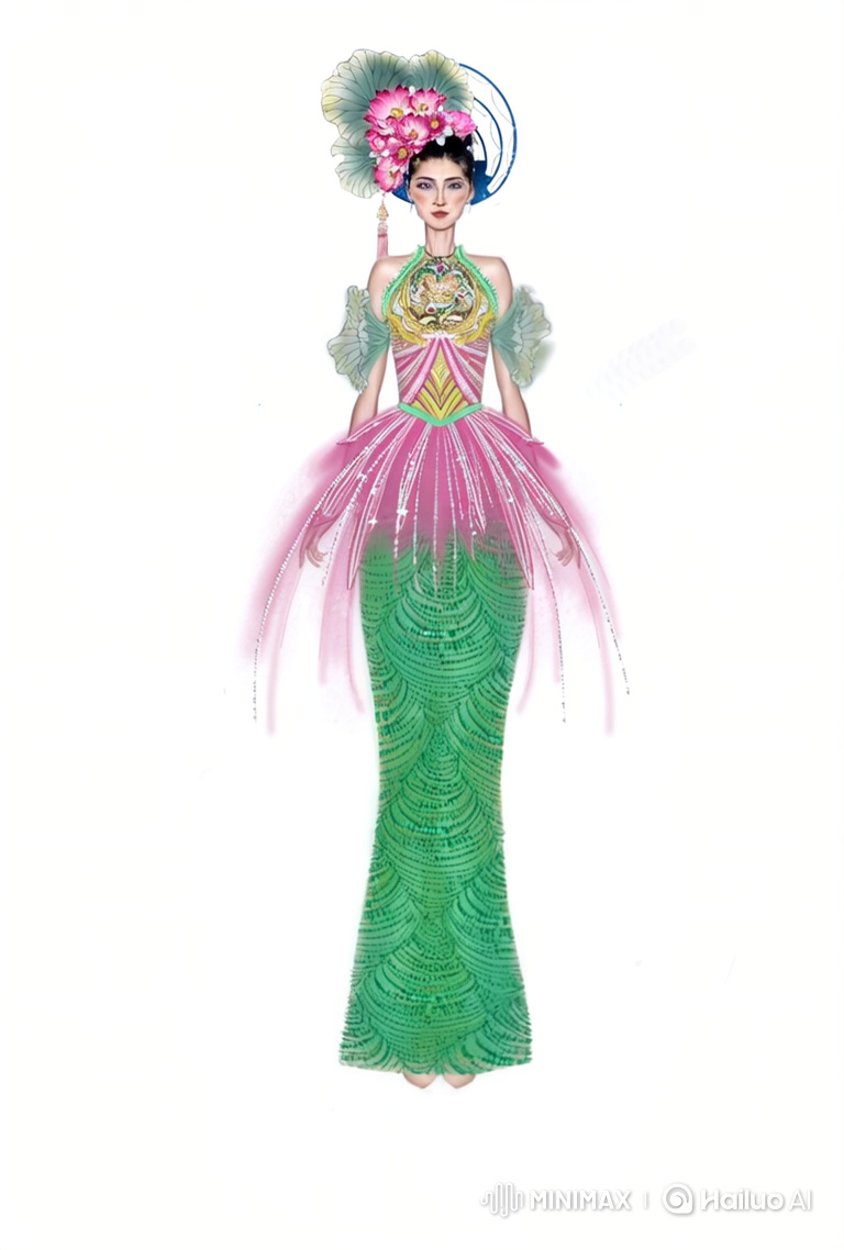 Elegant Woman in Lotus-Inspired Gown with Close-Up Finale