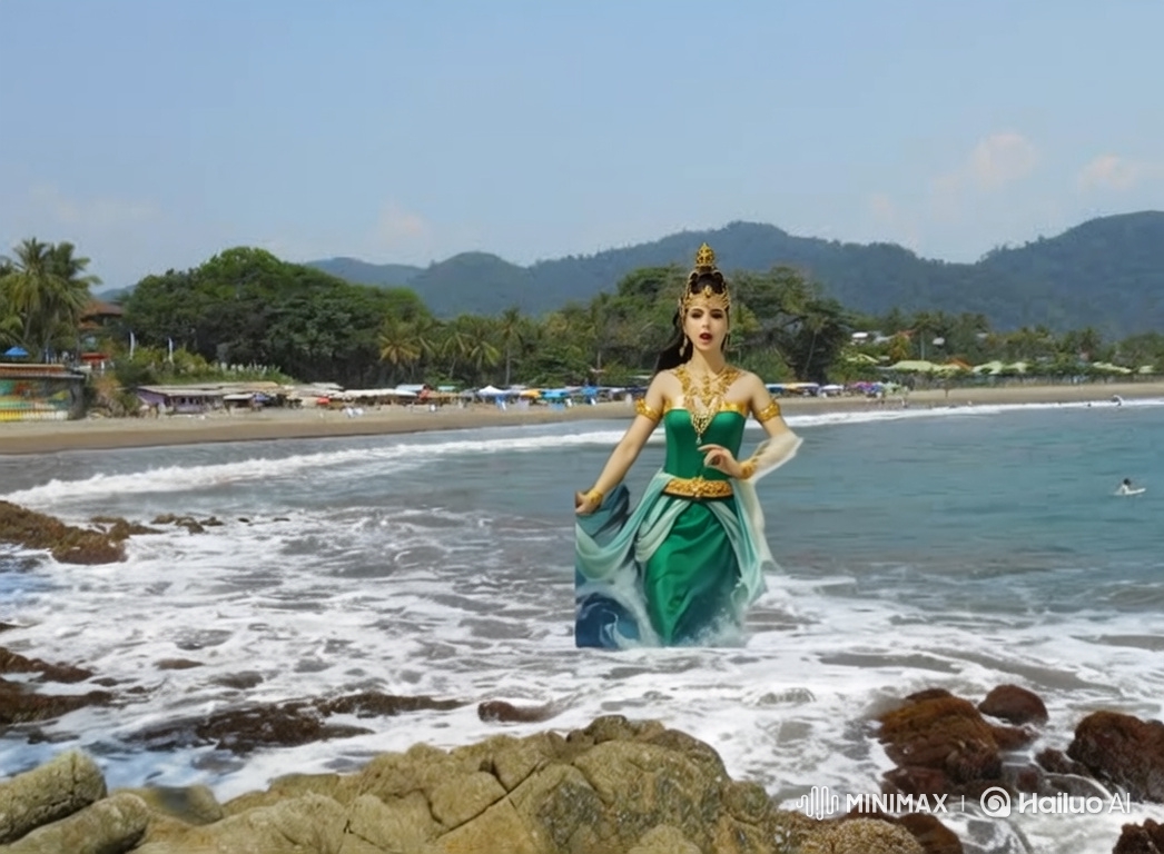 Woman in Green Gown Performs Graceful Dance in Surf