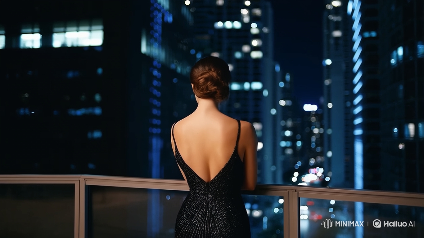 Elegant Woman in Black Dress on High-Rise Balcony