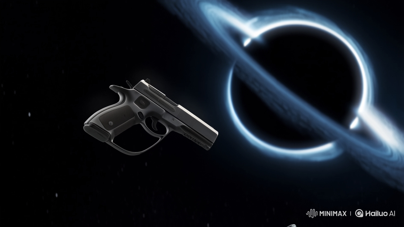 Realistic Pistol Fires Bullet to Form Text in Black Hole Scene