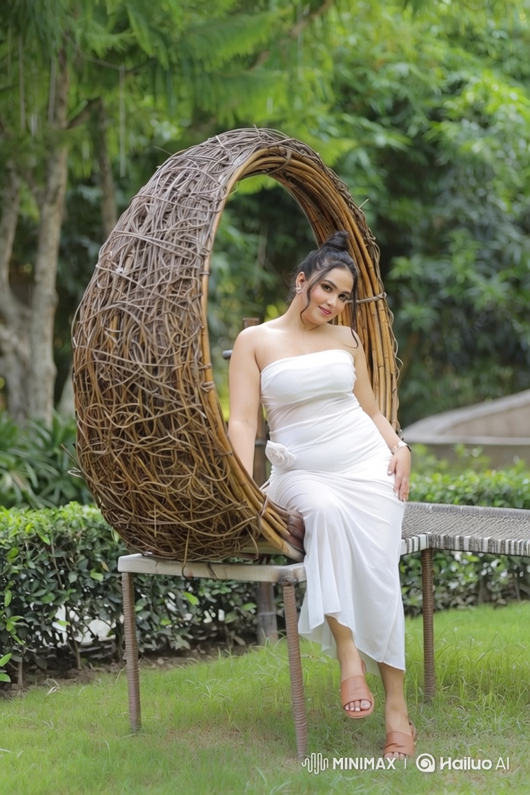 Woman in White Dress on Woven Bench in Garden