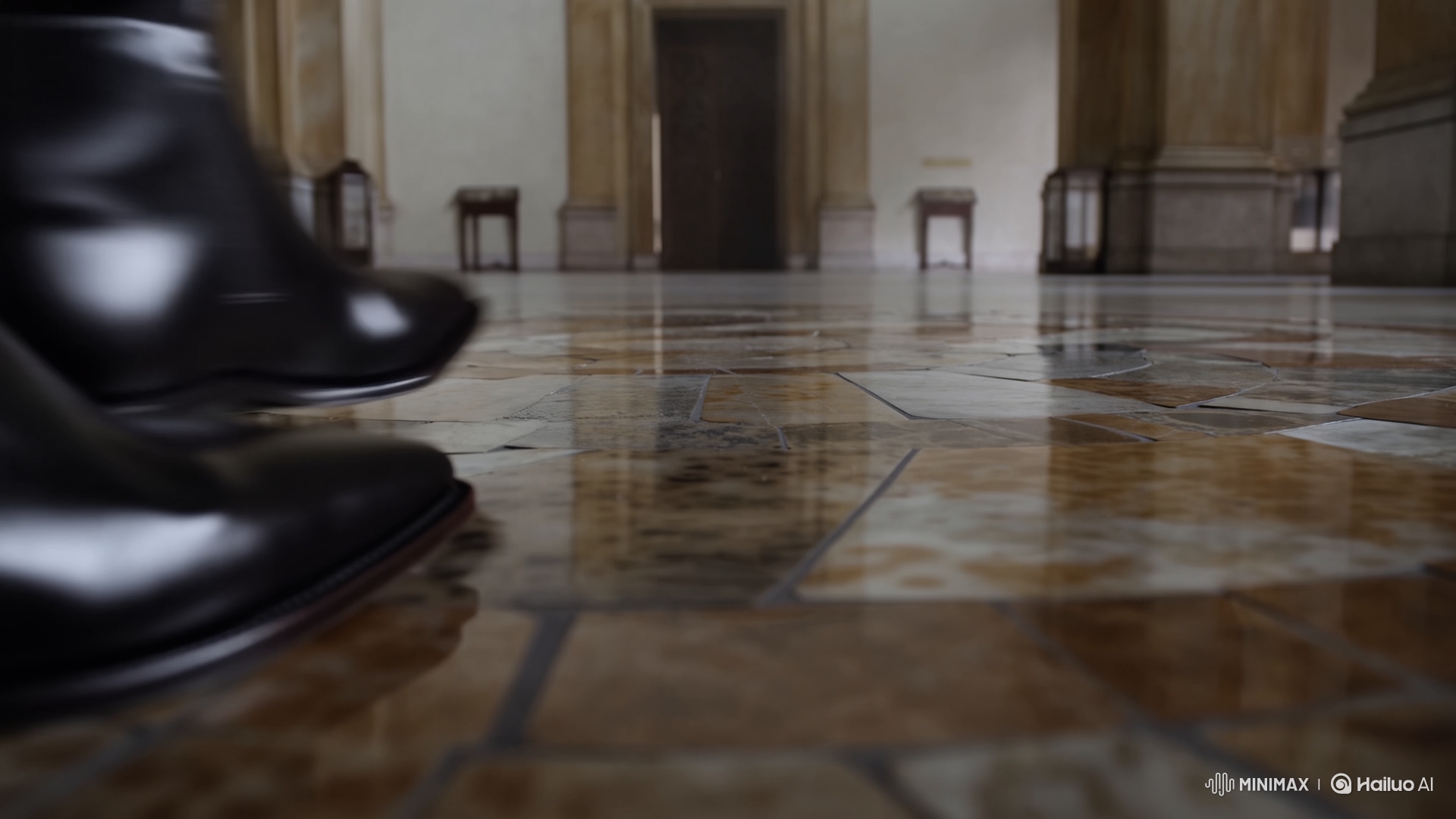 Reflections Reveal Moral Ambiguity in Grand Museum Foyer