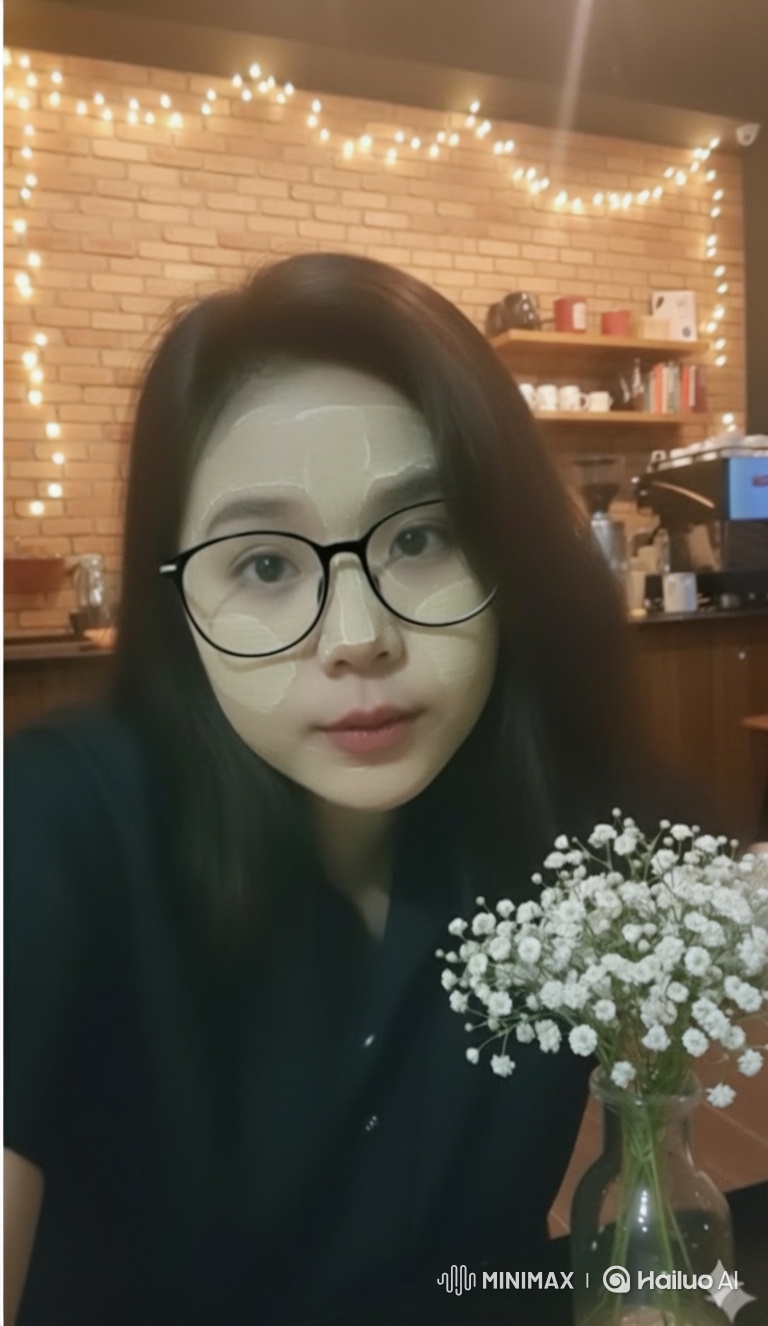 Young Woman Sings Softly in a Lit Cafe with Beauty Mask