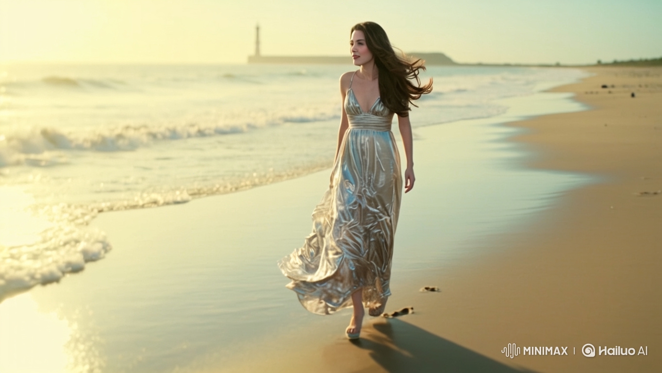 Elegant Woman in Silver Gown Walks on Golden Beach