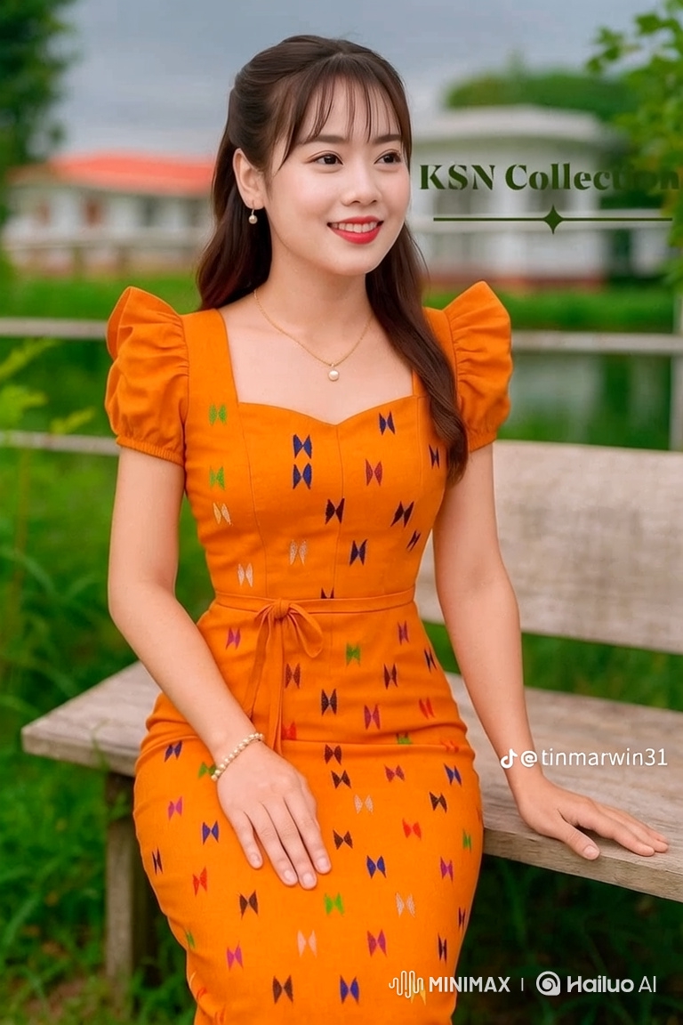 Young Woman in Orange Dress Smiles at Camera