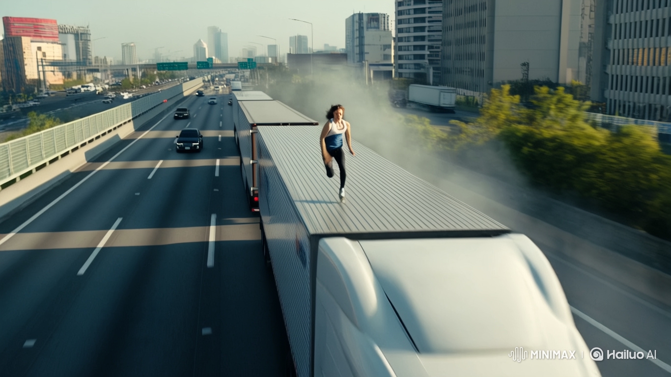 Athletic Runner Leaps Between Trucks in Cinematic Chase