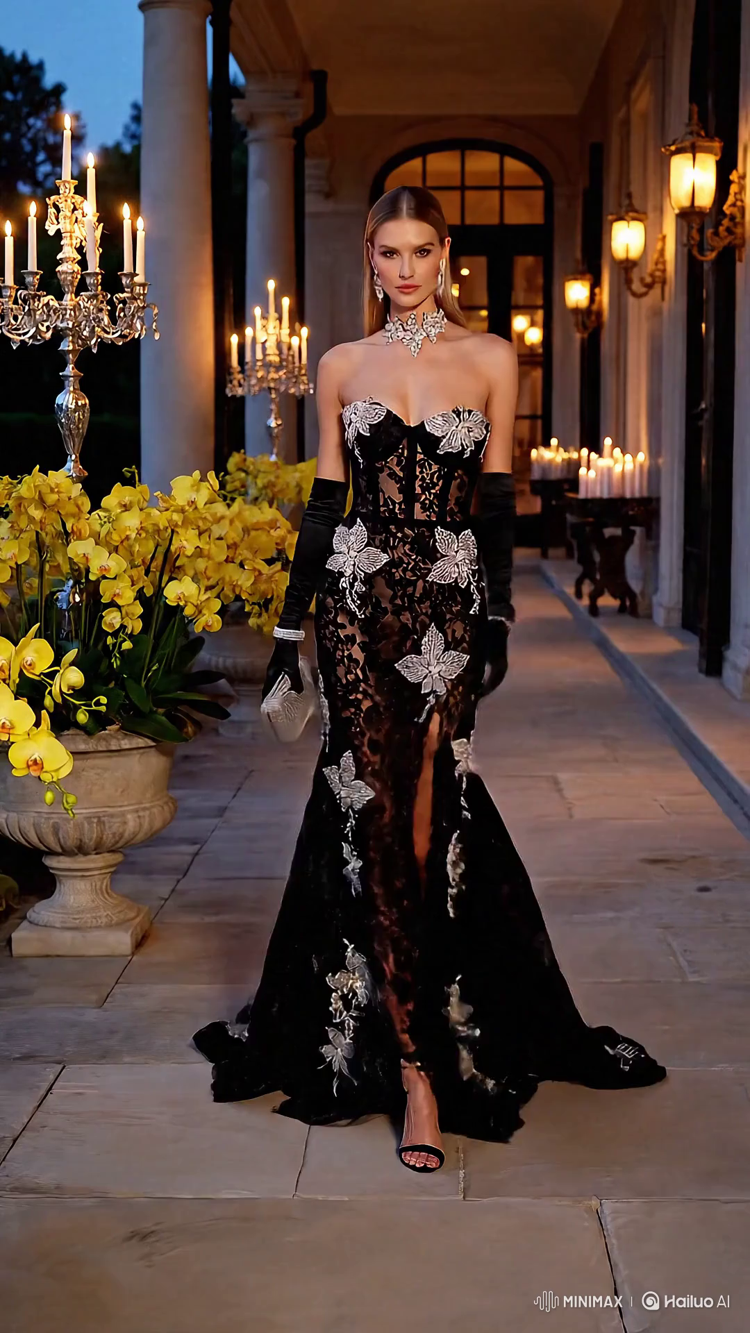 High Fashion Model in Elegant Evening Gown at Luxurious Mansion