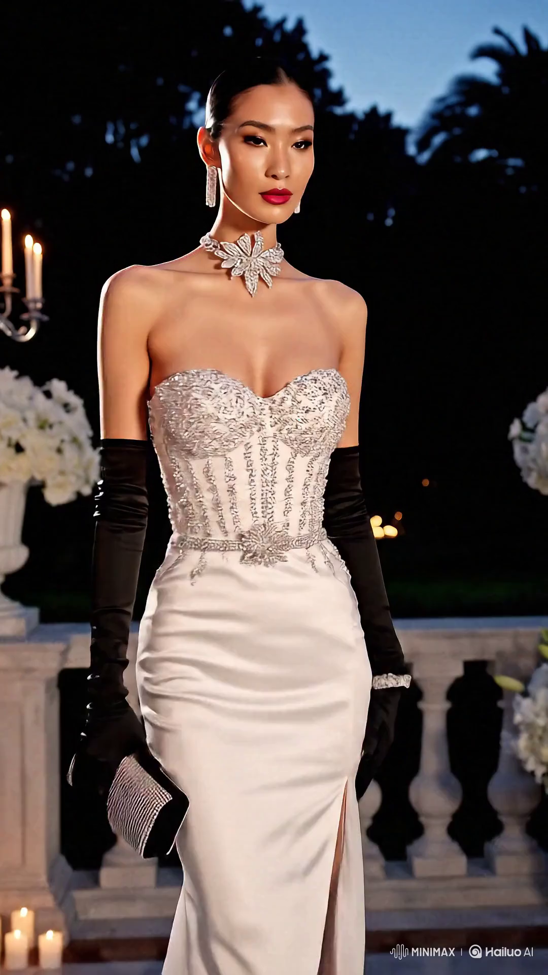 High Fashion Model in Elegant Evening Gown on Mansion Veranda