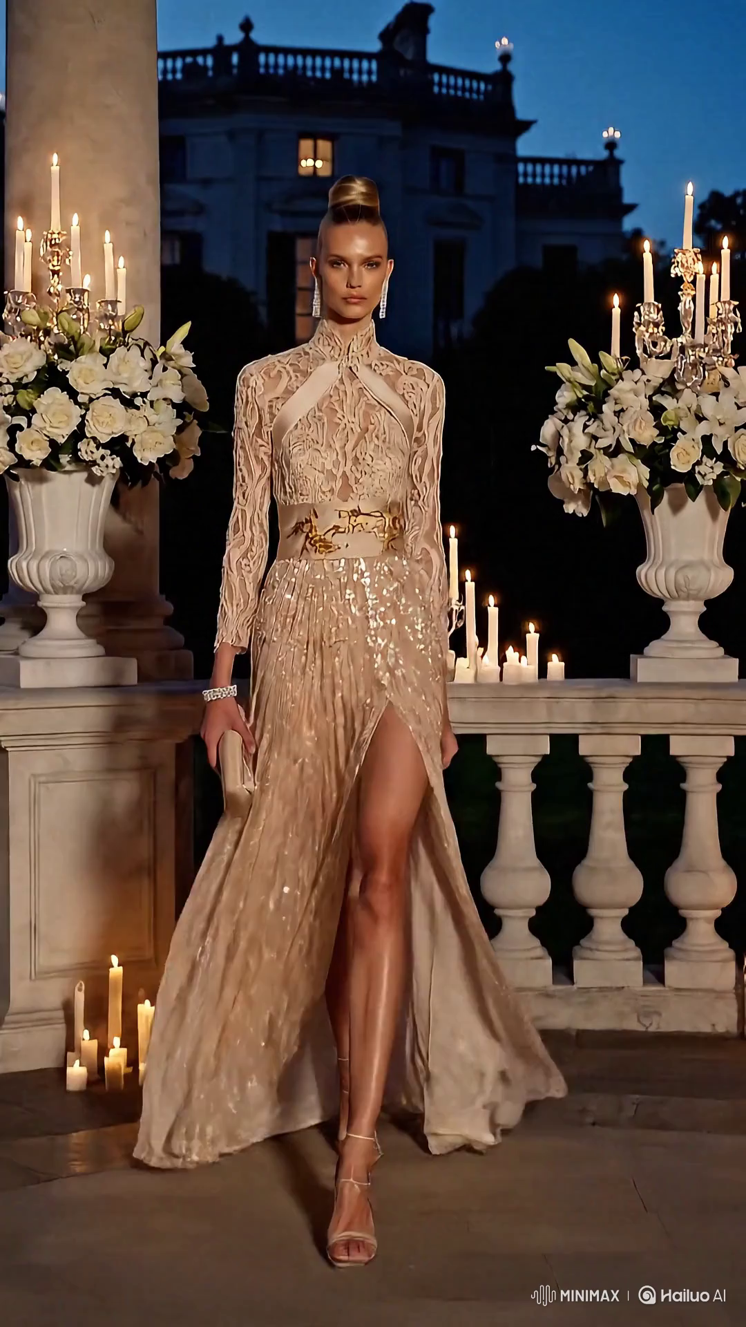High Fashion Model in Futuristic Evening Dress on Mansion Veranda